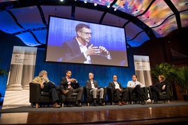 A panel chaired by MIT Associate Professor Noelle Selin, right, featured, from left, Ray Pierrehumbert of Oxford University, David McGee of MIT, Tapio Schneider of Caltech, Nicolas Gruber of ETH Zurich, and Paul O'Gorman of MIT.