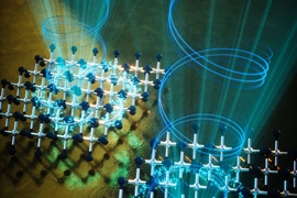 Beams of circularly polarized light (shown as blue spirals) can have two different mirror-image orientations, as shown here. When these beams strike a sheet of titanium diselenide (shown as a lattice of blue and silver balls), the electrons (aqua dots) in the material take on the handedness of the light's polarization.