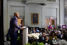 Kevin Richardson, one of the Central Park Five, who have all been exonerated of their unjust conviction, gives the keynote speech at this year’s annual MIT Martin Luther King luncheon.