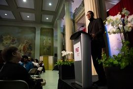 Kelvin Green, a third-year physics undergraduate, speaks at the annual Martin Luther King Jr. luncheon celebration.