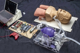 This shows the setup used for preliminary testing of an earlier version of the low-cost prototype design that could provide rapid deployment to hospitals facing shortages of the vital equipment