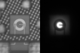 silicon LED switched on (left) and off.