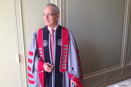 Rafael Reif wearing MIT regalia at Commencement