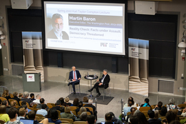 Martin Baron and President L. Rafael Reif speak to the audience