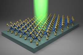 A beam of green light shines down on a grid of atoms that look like jacks. The atoms are on a thick grey slab.