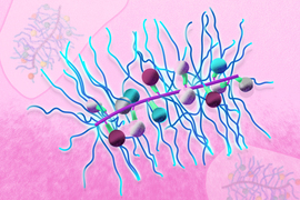 A nanoparticle looks like a bottlebrush, with lots of blue “bristles.” Inside the bristles are colorful spheres that represent different drugs.