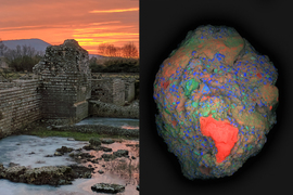 On left, Roman concrete structures of Privernum, Italy with icy puddles, orange sky, and rural location. On right, the concrete fragment is colorized with rainbow colors, including a prominent section colored red.