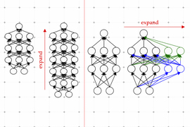 2 pairs of neural networks on decorative background. The left pair is shown expanding vertically with more rows; the right pair expands horizontally with more columns.