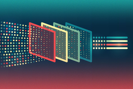 A horizontal stream of multicolor dots is fed, from left to right, into a series of squares, arranged one in front of the other like four cards standing upright. On right, the output is an organized array of dots and lines.