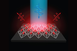 A blue squiggle-like DNA graphic points down in the center emitting light downwards. Two red DNA graphics are pointed up beside it. A structured array composed of triangular rods lie flat on dark gray surface, while the top rows of the arrays contain pieces resembling red pills.