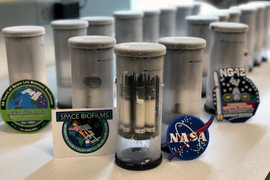 Vials with frost on the outside, and sticker logos of NASA, Space Biofilms, and Bio-Serve rest in front of them.