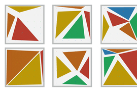 10 examples each show colorful triangles in squares. Ranging from two to six pieces, the triangles fit into the squares without touching other triangles.