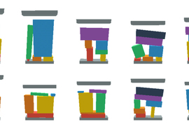 10 examples each show colorful rectangular objects in an implied box. Ranging from four to eight pieces, the rectangular objects are balanced on top of each other in many different ways.