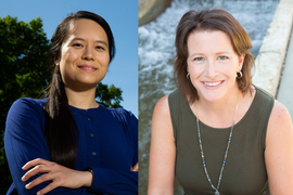 Two portrait photos side by side. On left, Y. Jenny Wang stands outside with arms crossed. On 