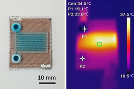 On left is a tiny rectangular device that is about 20-30 mm. On right is a heatmap of the device that shows the device is hotter in the middle.