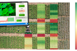 Aerial photo shows rows of crops, shaded green, yellow, and red to show the amount of spray coverage the crops received. An inset shows an iPad app showing “coverage history” and the speed as “good.”