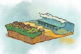 Illustration of an architected reef protecting buildings on a shoreline