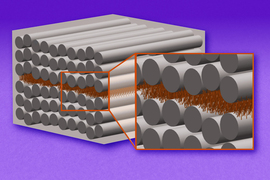 A diagram shows a box of rows of long silver tubes stacked on top of each other. Tiny brown objects representing carbon nanotubes are in between the layers. An inset enlarges the brown objects and they are an array of tree-like scaffolding.