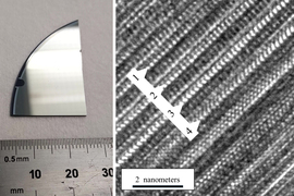 On left, the wedge of tetradynmite is about 2mm long. On right, a microscopic image shows the crystal structure.