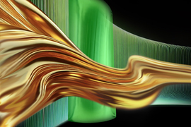 A golden fluid streams across horizontally in front of a green undulating wall.