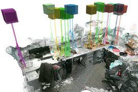 A 3D plot rendering of a big messy cubicle has colorful boxes added that show where interesting things are in the office.