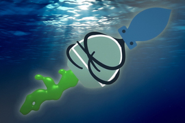 Illustration shows a cephalopod holding the squeezable microjet device, releasing green goo.