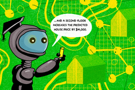 A robot explains a complex graph on a chalkboard and says, “…and a second floor increases the predicted house price by $16,000.”