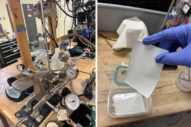 Two photos show the lab equipment and a white paper that looks clean.