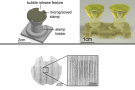 Three images show: rendering of stamp; photo of the stamp; and the grooves within hydrogel.