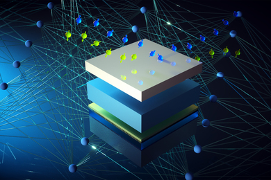 Abstract illustration of the proximity effect in multilayered materials. Layers of a cube solid are surrounded by spherical particles on a lattice.