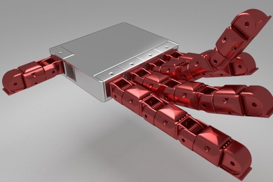 Computer-generated image of a robotic, articulated hand with red fingers