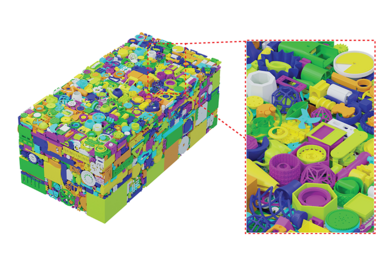 Small plasticky objects of myriad shapes and sizes form a colorful cube with very little wasted space. An inset shows a close-up of perfectly packed doodads and gewgaws.